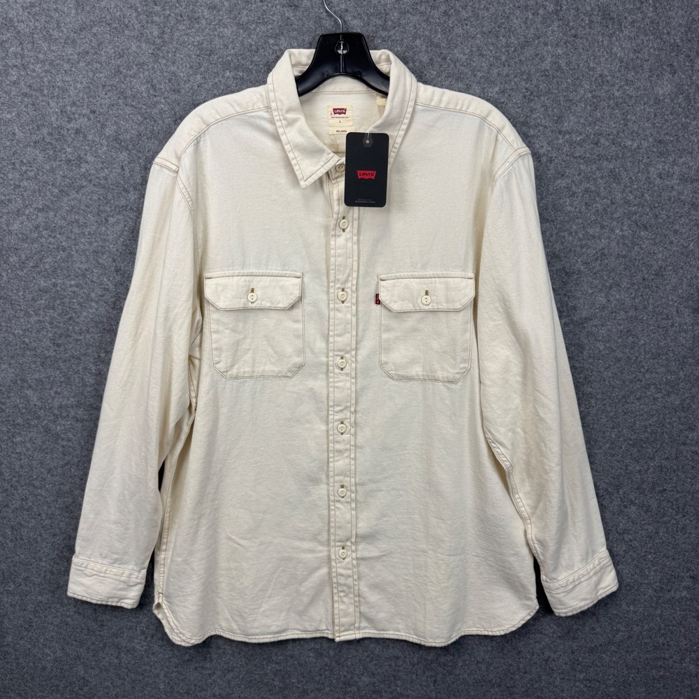 Levis Mens Relaxed Fit Button Down Shirt Cream Off White Long‎ Sleeve Large NEW